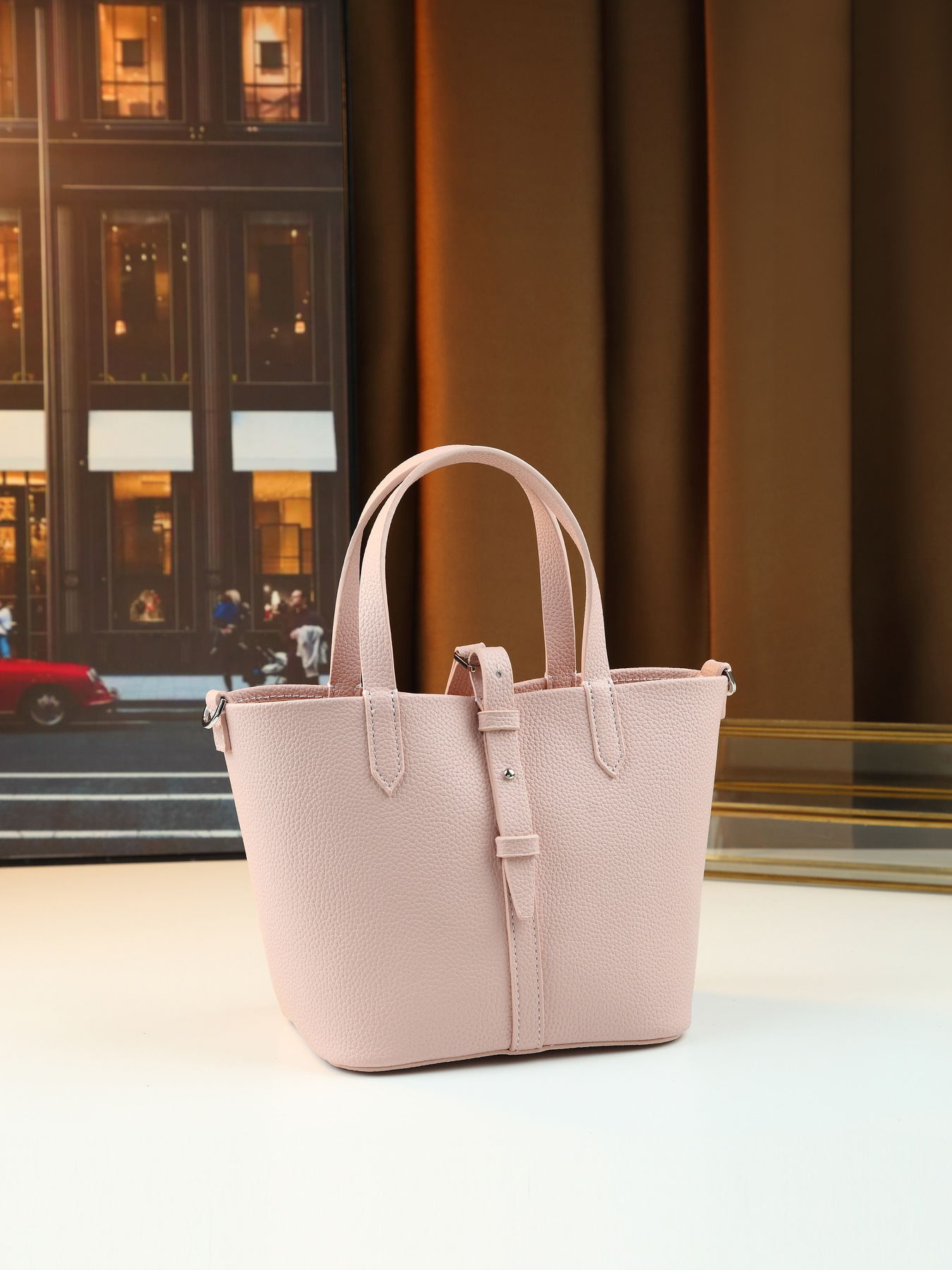 Lychee Pattern Women's Handbag Solid Color Bucket Bag Versatile Shoulder/Crossbody Bag For Commuting PU Leather Zipper Closure Medium Size_voghion.com