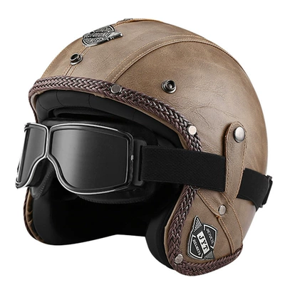 Motorcycle Safety Supplies | Electric Motorcycle Retro Helmet Men's - 555-leather-helmet-light-brownsquare-retro-mirror-s