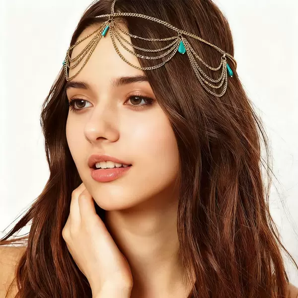 European and American Cross-Border Retro Fashion Turquoise Water Drop Hairband Hair Accessories Export Headwear Exotic Style Tassel Hair Chain