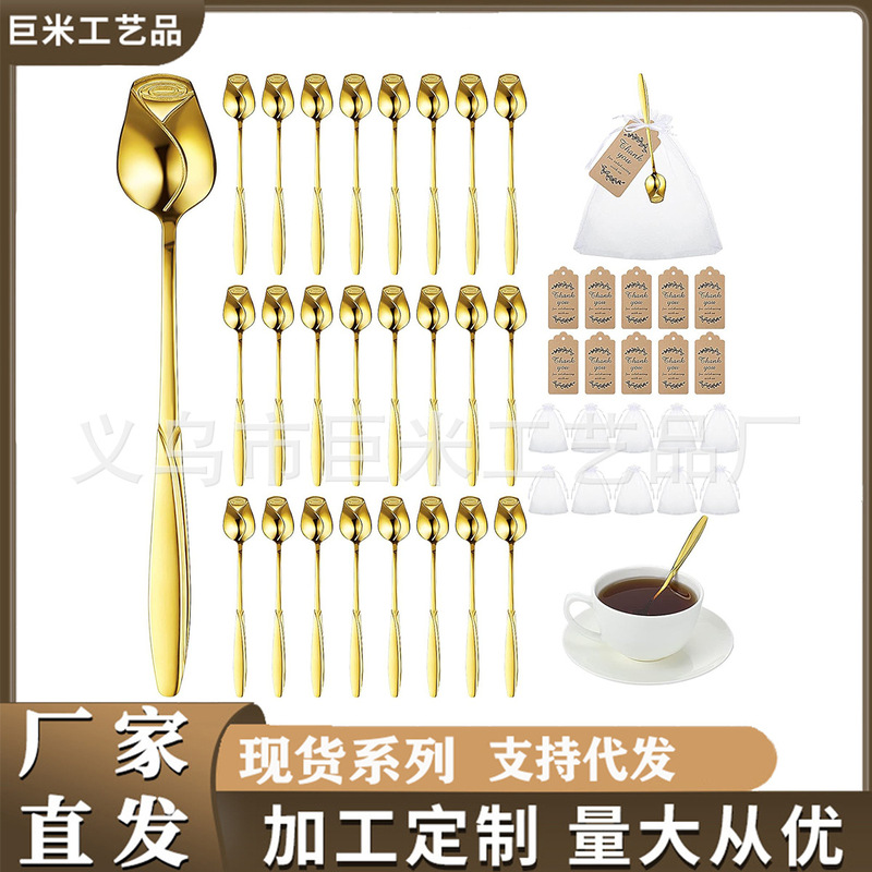 Rose Flower Shape Tea Spoon Set Gold Dessert Teaspoon with Thank You Tags Yarn Bag Bridal Shower Party Souvenirs