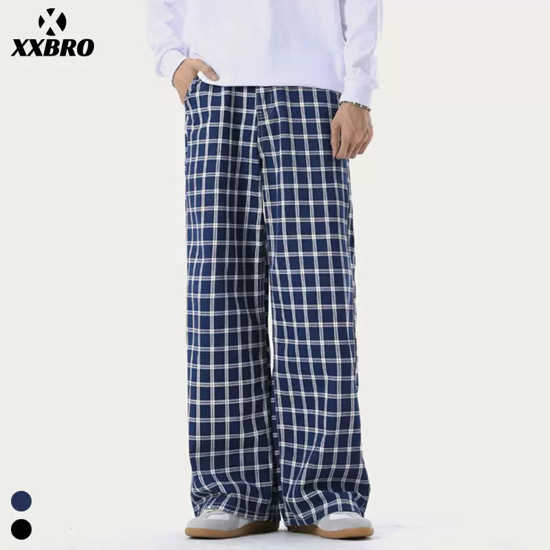 xxbro男装#复古高街蓝色格子休闲裤慵懒风直筒裤潮牌男女款阔腿裤