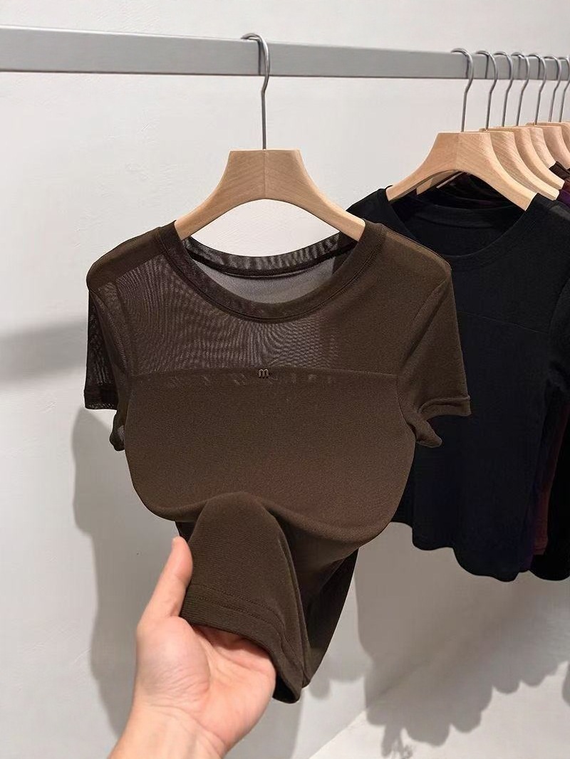 High-End Fashion Mesh Short-Sleeved T-Shirt for Women Summer New Slimming Look Top Short-Sleeved Thin Round Neck Slim Shirt