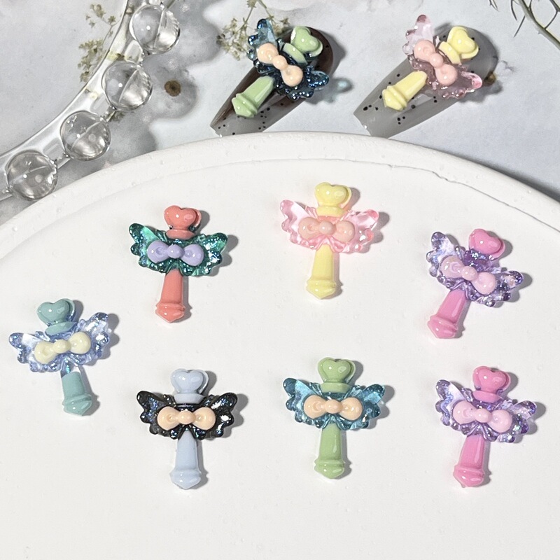 Online celebrity pretty girl warrior magic wand nail accessories ice-transparent Angel Wings bow diy phone case decoration