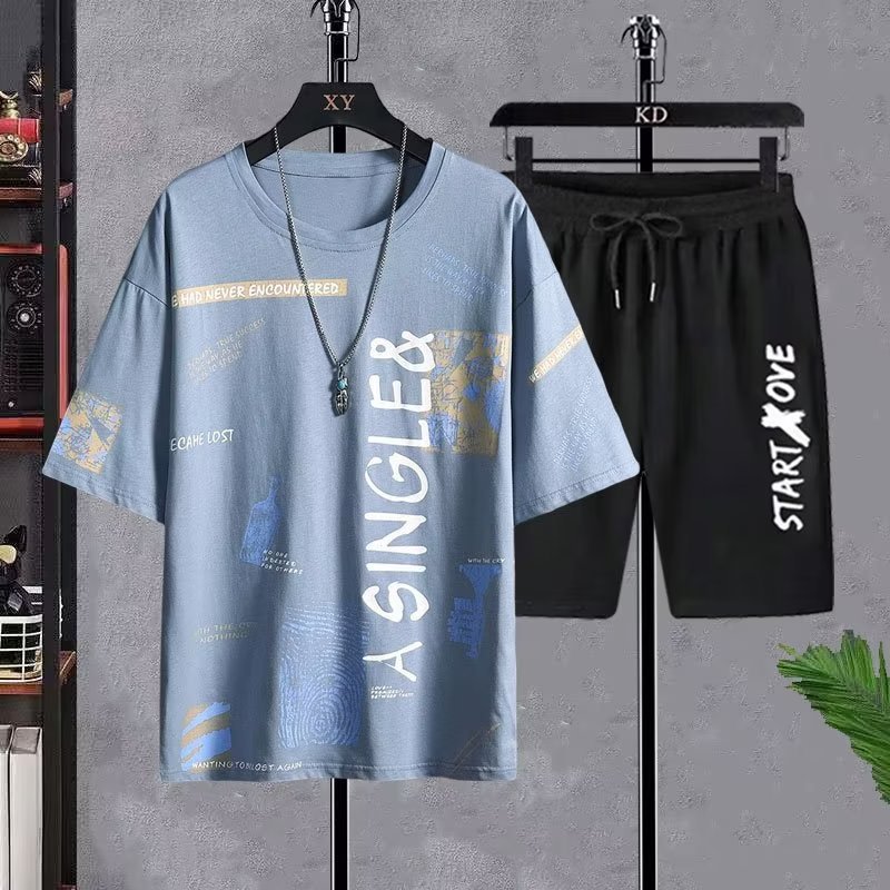 Nuevo traje de degradado de seda de hielo de secado rápido, camiseta de manga corta para hombre, pantalones cortos casuales de verano, traje deportivo de dos piezas al por mayor de fábrica