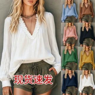 欧美跨境亚马逊新款长袖木耳边v领法式衬衫外贸时尚灯笼袖上衣女