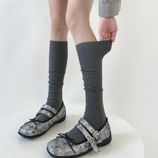 Japanese JK Socks Milk White Vertical Striped Calf Socks Spring and Autumn Slimming Pressure Stacked Socks Gray Cotton Thin Mid-tube Socks
