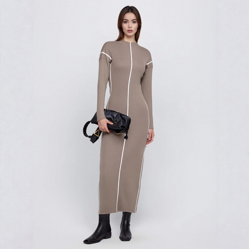 European and American Export Dress Long Half Turtleneck Contrasting Line Knitted Hip Skirt Long Skirt Cross-Border Amazon Women's Clothing