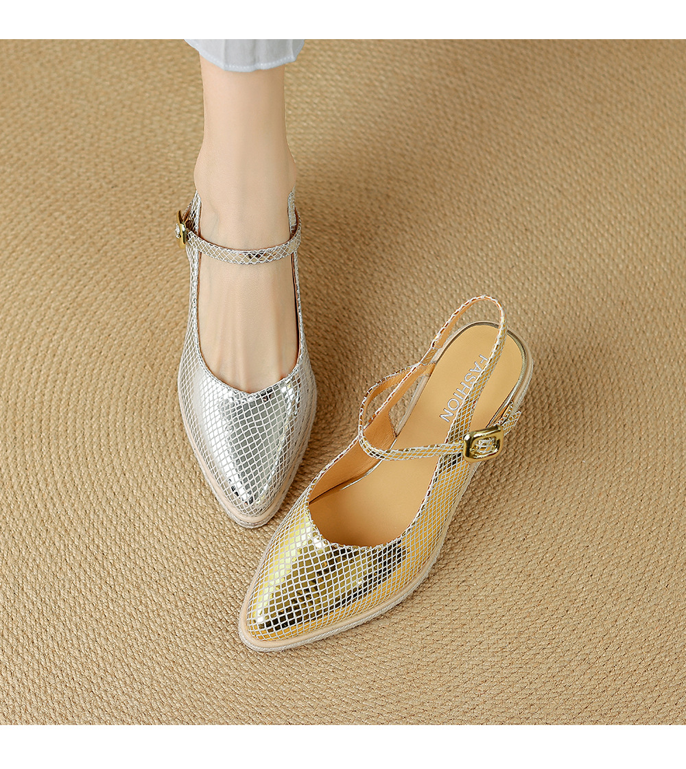 Sandal cao gót nữ mũi nhọn quai ngang đế xuồng gót 9 cm — màu vàng, bạc chi tiết 12