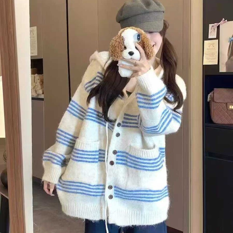 慵懒风女装上衣撞色条纹长袖毛衣外套女秋季韩系宽松连帽针织开衫|undefined