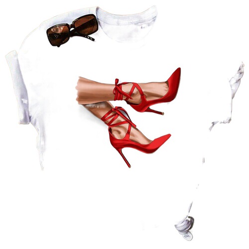 Summer Large Size Casual Round Neck Short Sleeve High Heel Pattern Print Short Sleeve T-Shirt for Women