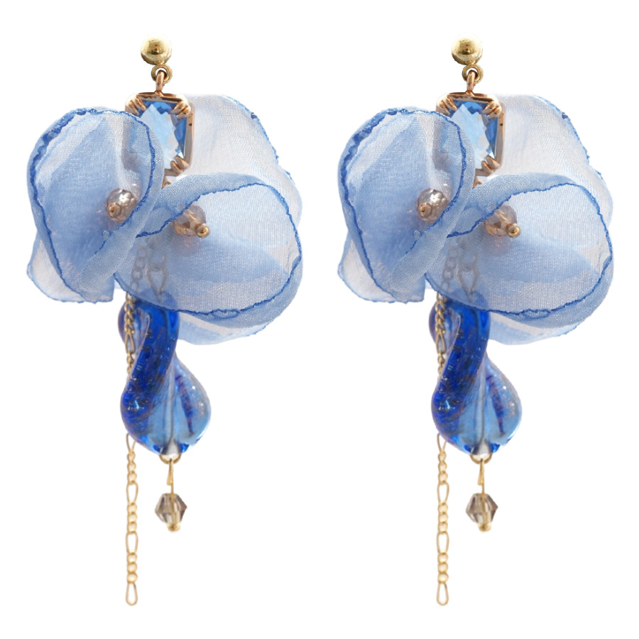 Pendientes de borla de flores de gasa de tela de aguja de plata Pendientes de estilo de vacaciones junto al mar Pendientes frescos y dulces para mujer Sense de diseño nicho