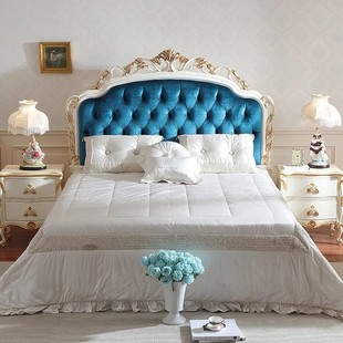 Palace-Style French Velvet Gold-Trimmed Double Bed 1.8m Solid Wood Hollow Carved Master Bedroom Large Bed European Luxury Wedding Bed