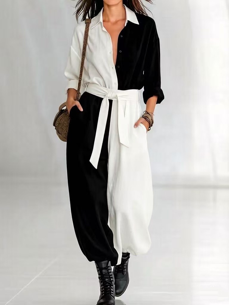 Damen Jumpsuit Mit Langarm Patchwork Und Gürtel Für Den Frühling_voghion.com