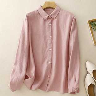 Real Shot 2025 Spring and Summer New Cotton and Linen Japanese Style Loose Artistic Top Solid Color Long Sleeve Shirt for Women