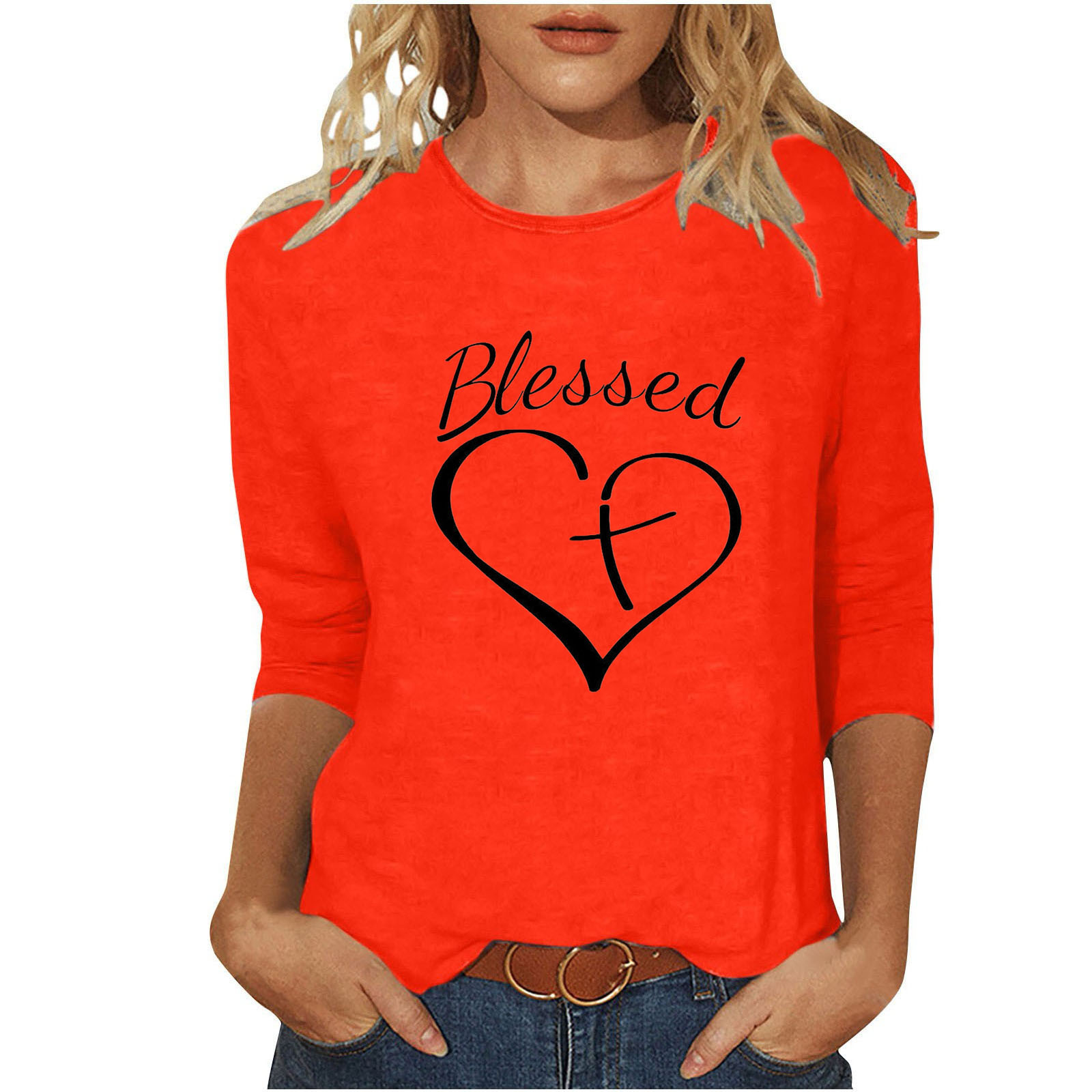 Women's T-shirt 3/4 Length Sleeve T-shirts Casual Basic Letter Heart Shape display picture 6
