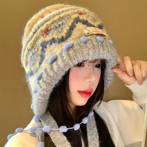 Fair Isle Retro Knit Baraklava Hat for Women Autumn Winter Face-Smoothing Covering Hat Thick Warm Ear Protection Hat