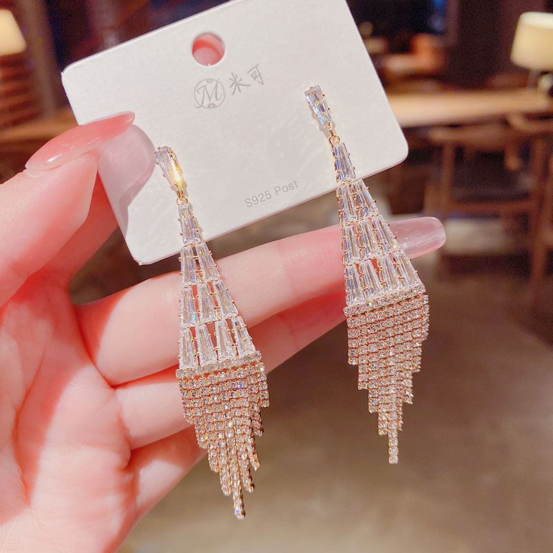 Fashion long tassel personalized copper inlaid zircon earrings wholesalepicture4