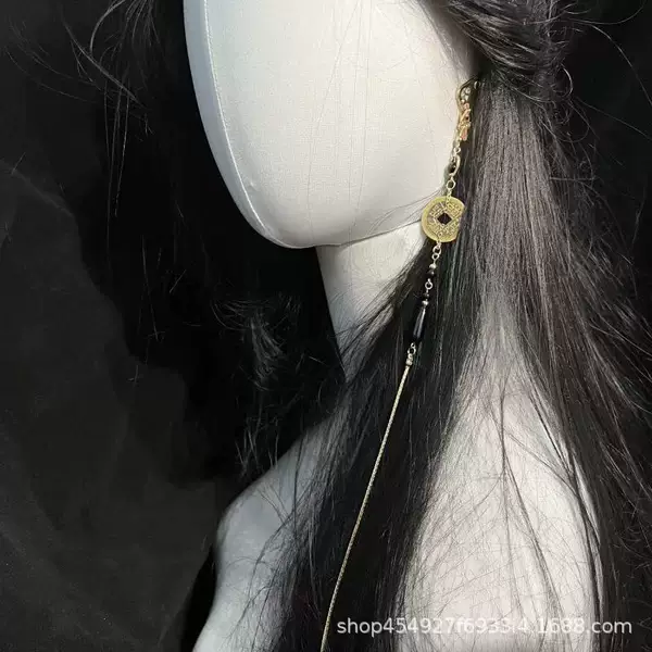 Ancient Style Personalized Mountain Spirit Copper Coin Non-Pierced Ear Hooks with Chinese Elements, Red Long Tassel Earrings with Copper Coin Decoration