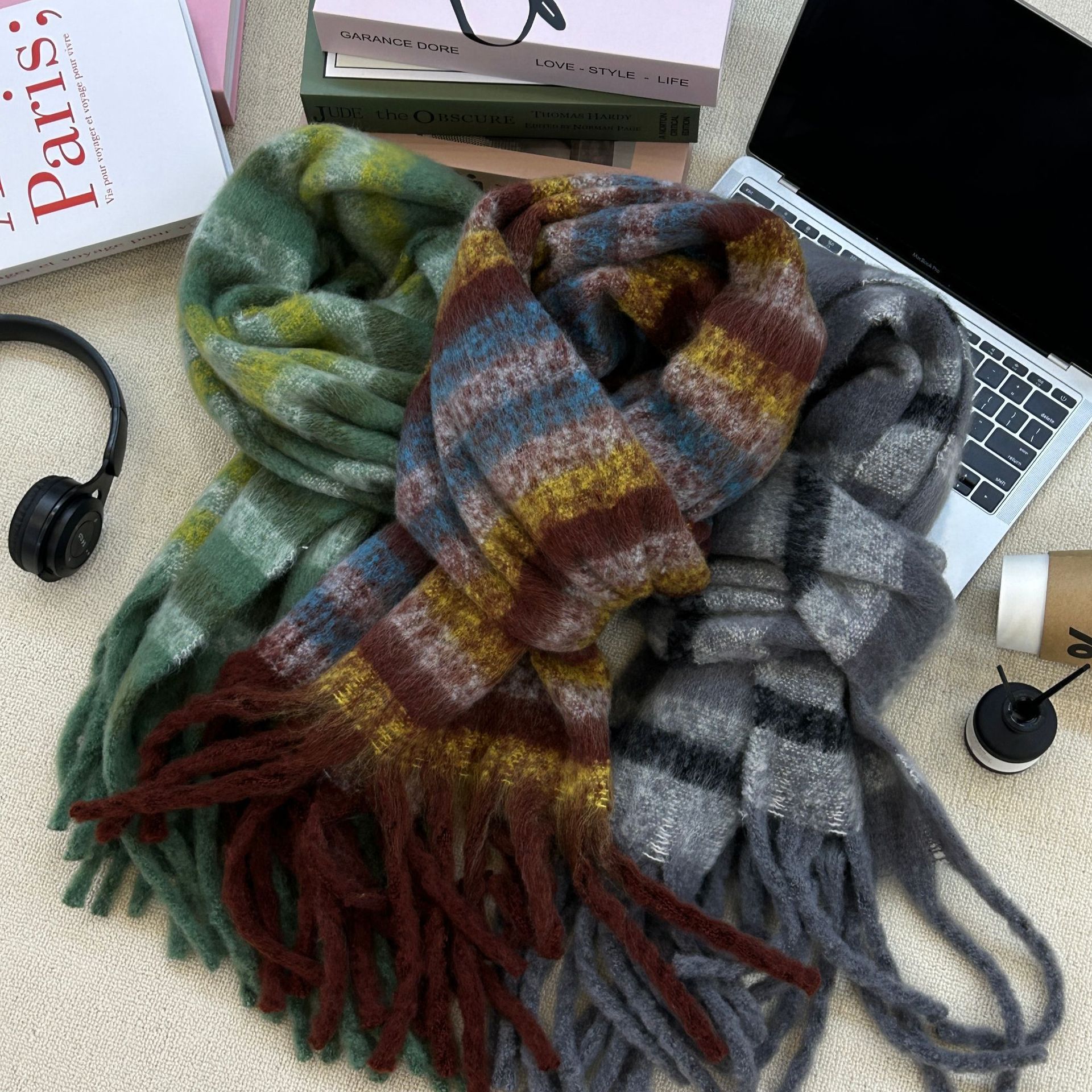 Nueva bufanda de cachemira de imitación Mohaw con rayas degradadas Mirad para mujer, edición coreana, versátil, para estudiantes y parejas_voghion.com