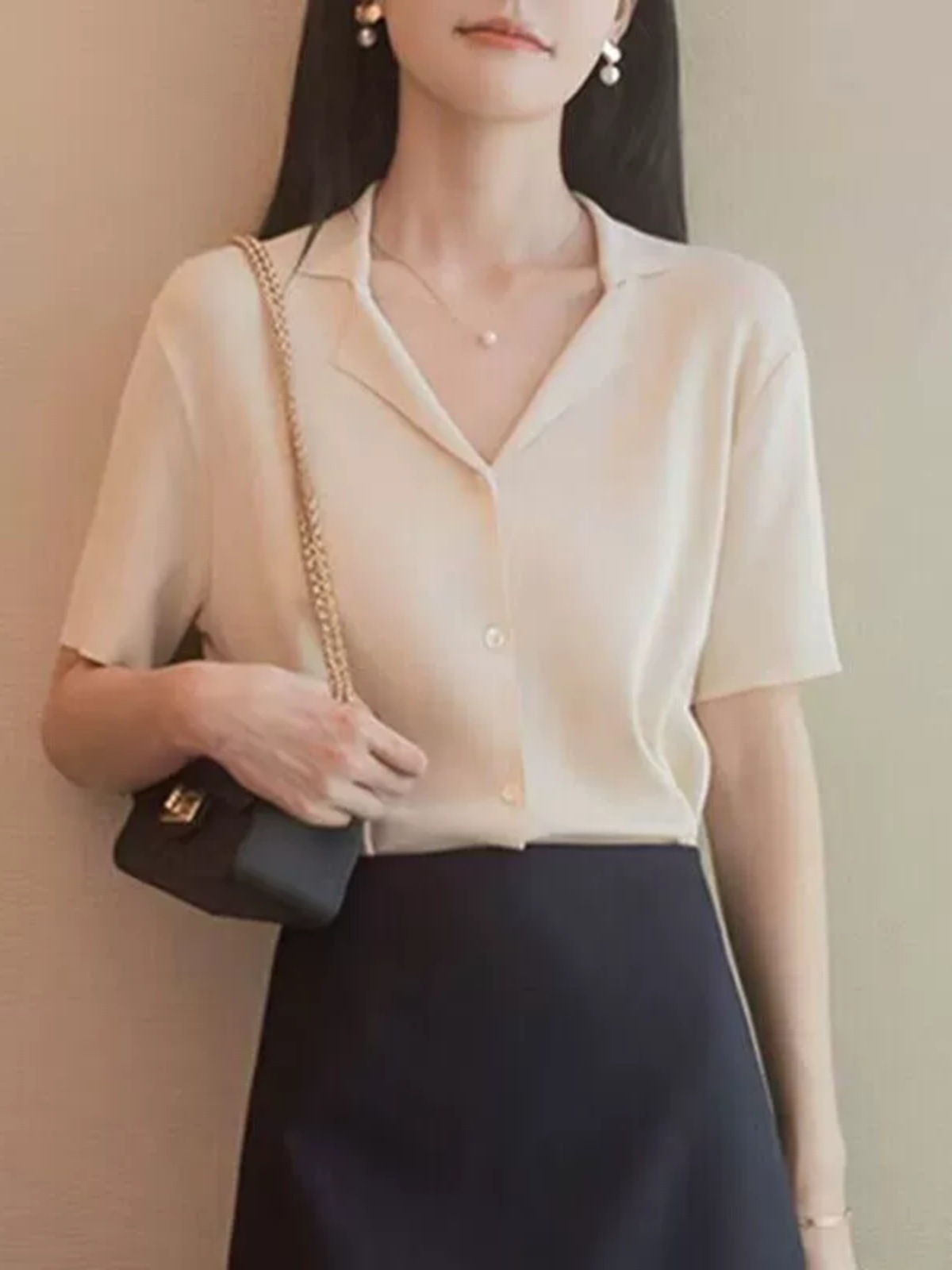 Áo cardigan nữ cổ POLO dệt kim lụa băng tay ngắn mùa hè — Màu trắng sữa