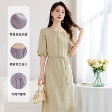 【真丝冠乐绉】夏季圆领短袖中长裙子气质优雅桑蚕丝连衣裙女8828