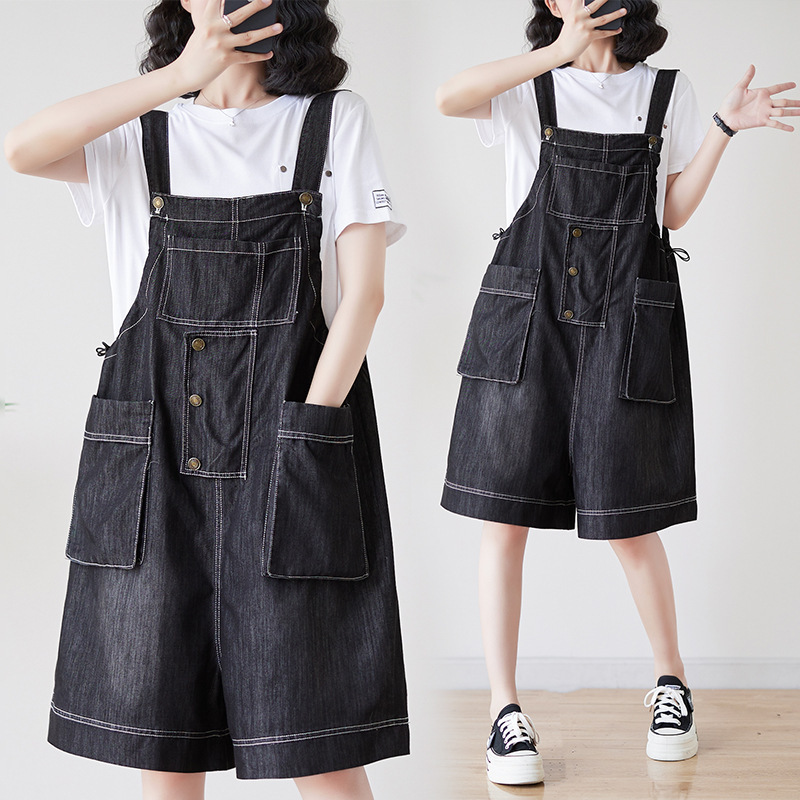 Real shot plus size washed distressed thin high waist Denim suspender pants loose cropped pants solid color fashion mom middle pants