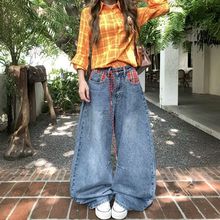 大码美式格子拼接弯刀牛仔裤女设计感秋新款宽松bf美式复古阔腿裤