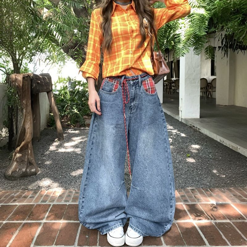大码美式格子拼接弯刀牛仔裤女设计感秋新款宽松bf美式复古阔腿裤