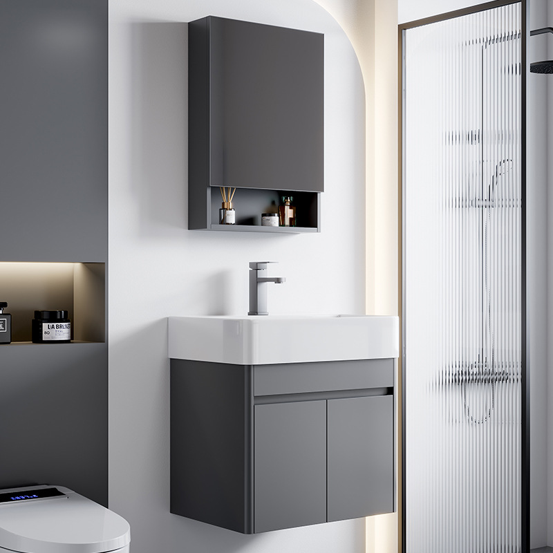 Combinación de gabinete de baño de aluminio de espacio pequeño apartamento de cerámica integrado lavabo de lavado de manos pequeño tamaño balcón lavabo esquina redondeada