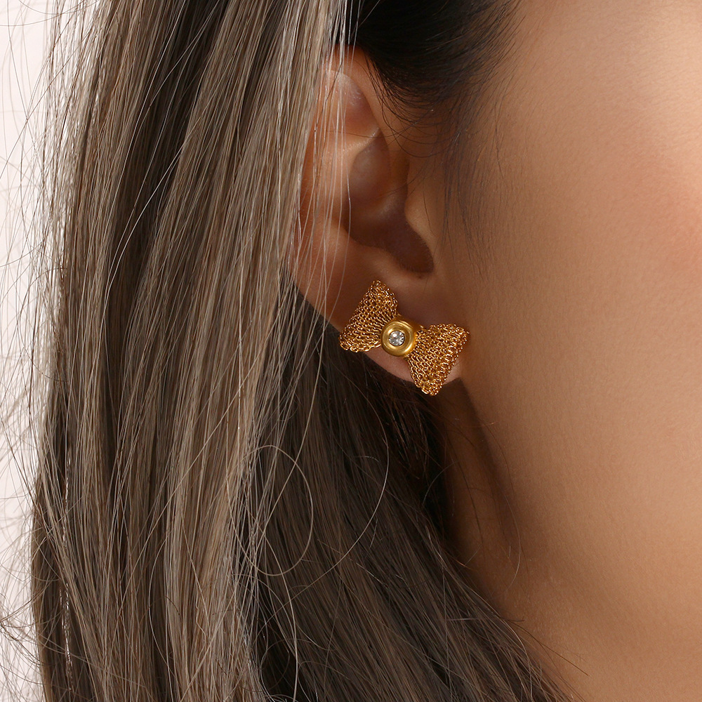 Sweet Geometric Bow Knot Stainless Steel Ear Studs Zircon Stainless Steel Earrings