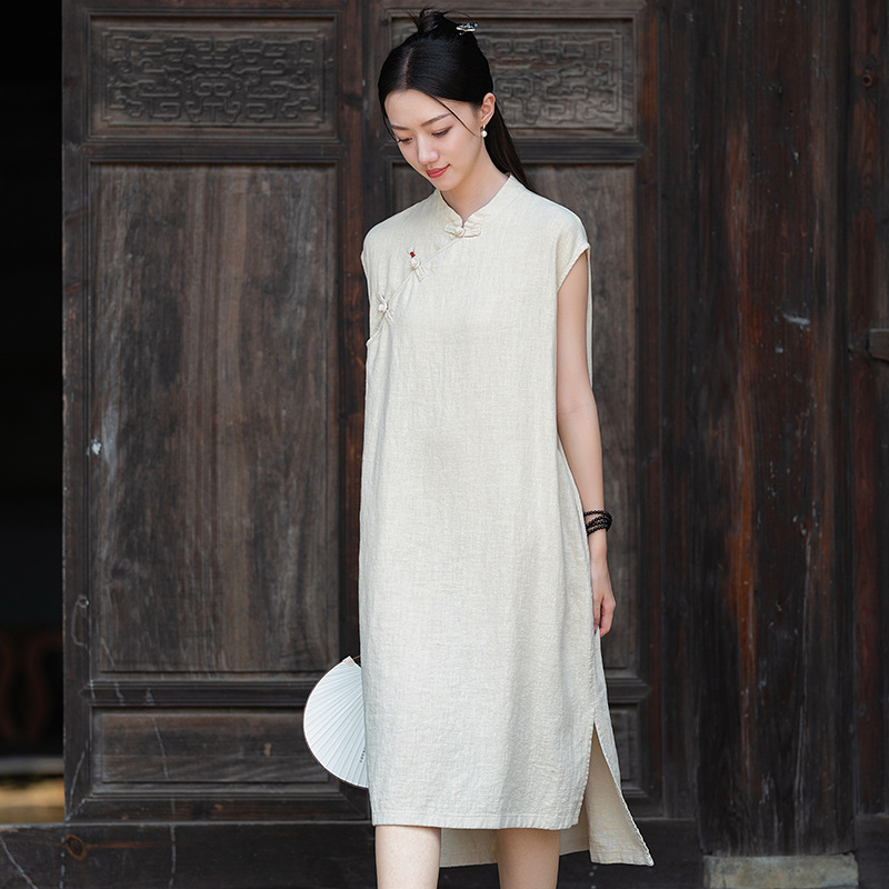 26 New Summer Style Original Chinese Retro Style Cotton and Linen Cheongsam Women's Ramie Sand-Washed Stand-Up Collar Sleeveless Dress 26 New Summer Style Original Chinese Retro Style Cotton and Linen Cheongsam Women's Ramie Sand-Washed Stand-Up Collar Sleeveless Dress