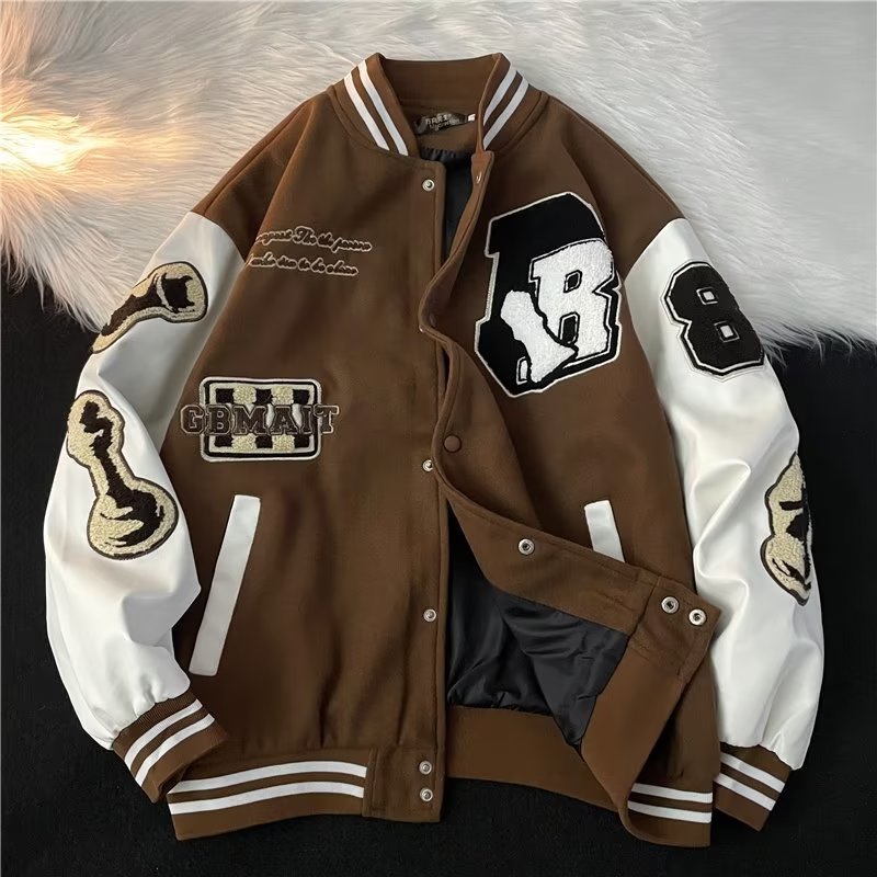 Giacca da baseball in pelle PU di lana con ricamo floccato retrò hip hop da uomo, tendenza giacca casual_voghion.com