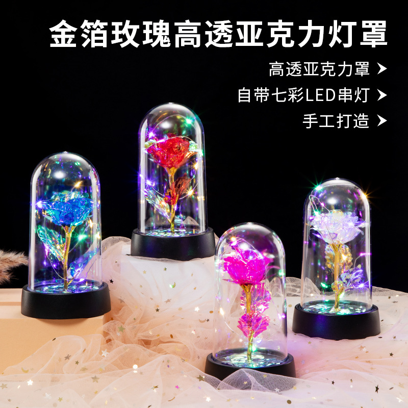 金箔玫瑰花亚克力灯罩永生花玻璃罩圣诞节七夕浪漫情人节礼物摆件