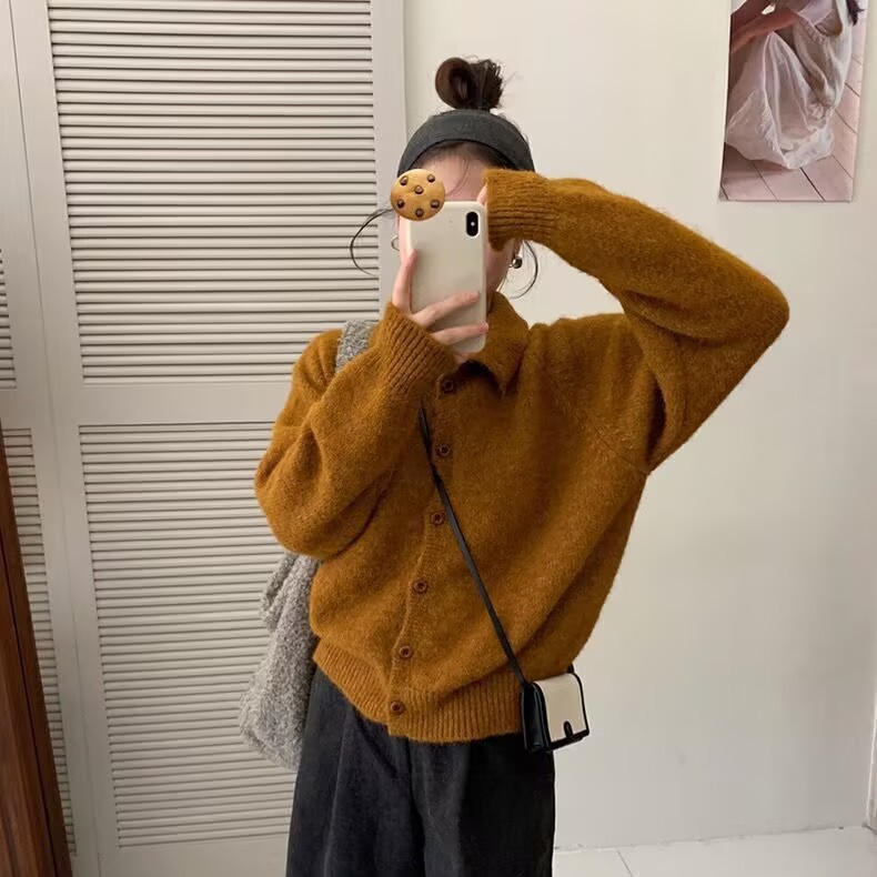 慵懒风翻领纯色针织开衫外套时尚百搭秋冬新款韩系减龄毛衣上衣女|undefined