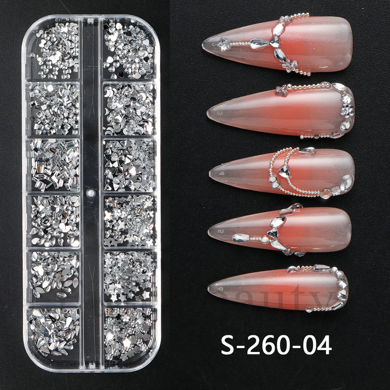 FULL BEAUTY クロスボーダー新ネイルアートアクセサリー 12 グリッド箱入り特殊形状平底樹脂ダイヤモンド混合装飾品|undefined