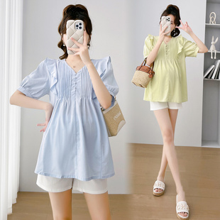 Maternity Suit Summer V-Neck Maternity Top Summer Short-Sleeved T-Shirt Women's Loose Shirt Baby Doll Shirt Shorts Two-Piece Set