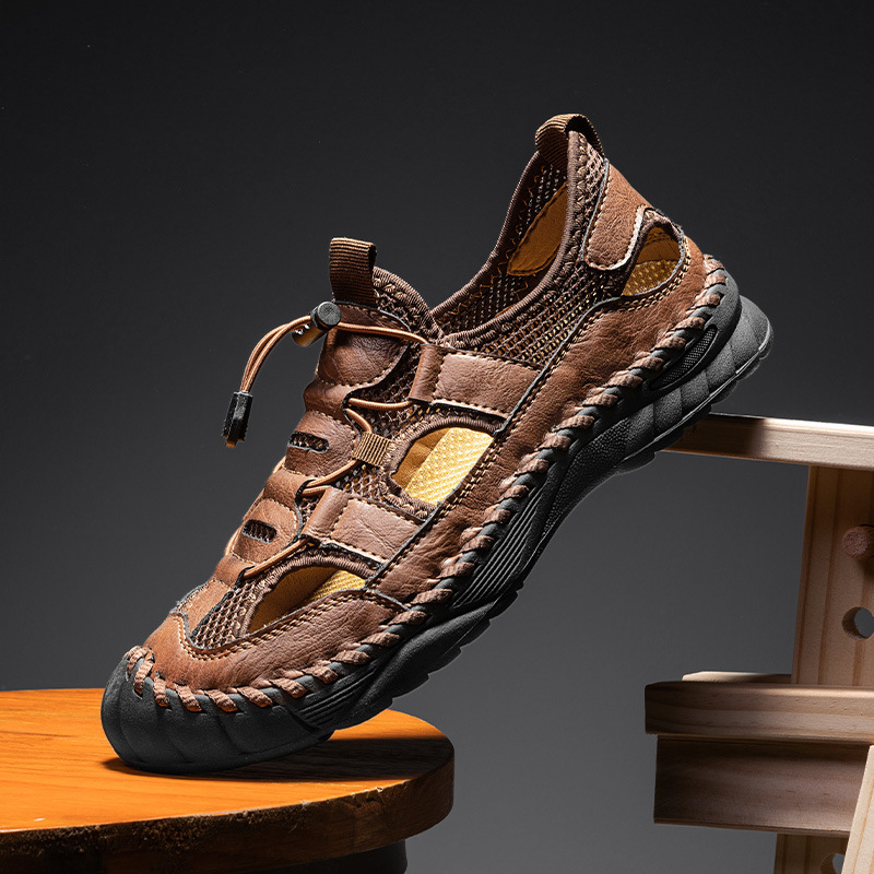 Men's Summer Sandals, Genuine Leather And Mesh Breathable Hollow Shoes, Men's Driving Closed-Toe Outdoor Casual Shoes_vogvips.com