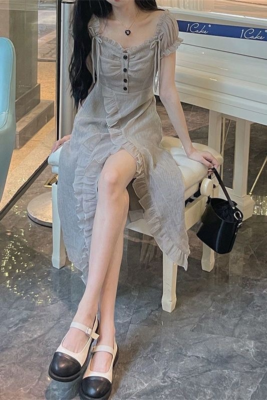 Đầm maxi nữ thắt eo tay bồng xẻ tà phong cách Pháp 2026 — Ánh trăng bạc chi tiết 1