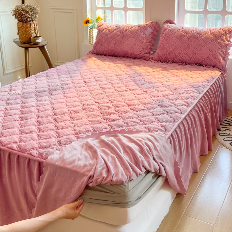 2024 nueva ropa de cama acolchada de lana de conejo estilo falda de cama