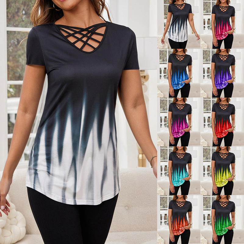 Aliexpress Amazon Wish Cross-Border Supply European and American Elegant V Neck Loose Cross Strap Gradient Printed Women's T-Shirt