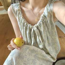 法式氛围青花家居服夏日新品慵懒舒适宽松系带圆领少女背心睡衣裙