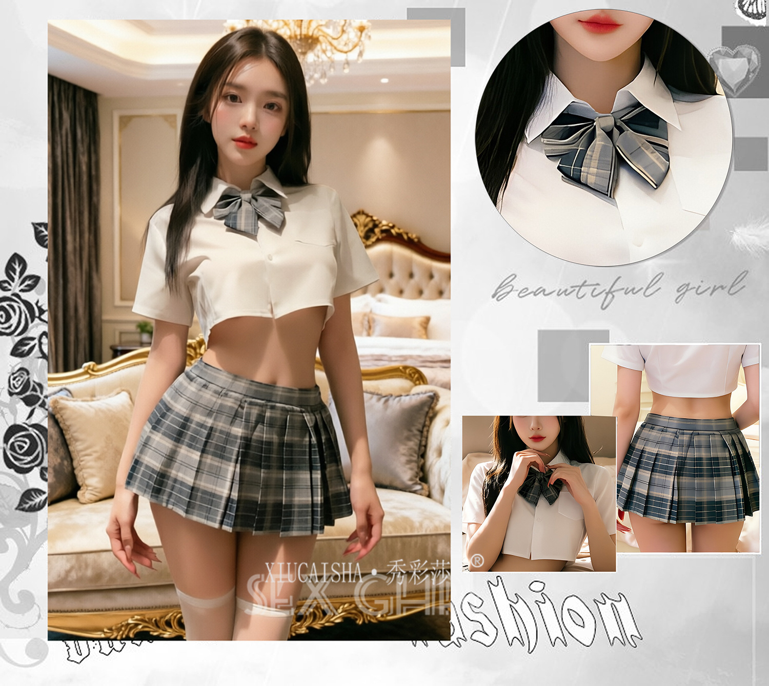 Student-Style Roleplay Lingerie Set with Plaid Skirt, Top, Bow Tie, Thong and Stockings — detail image 2