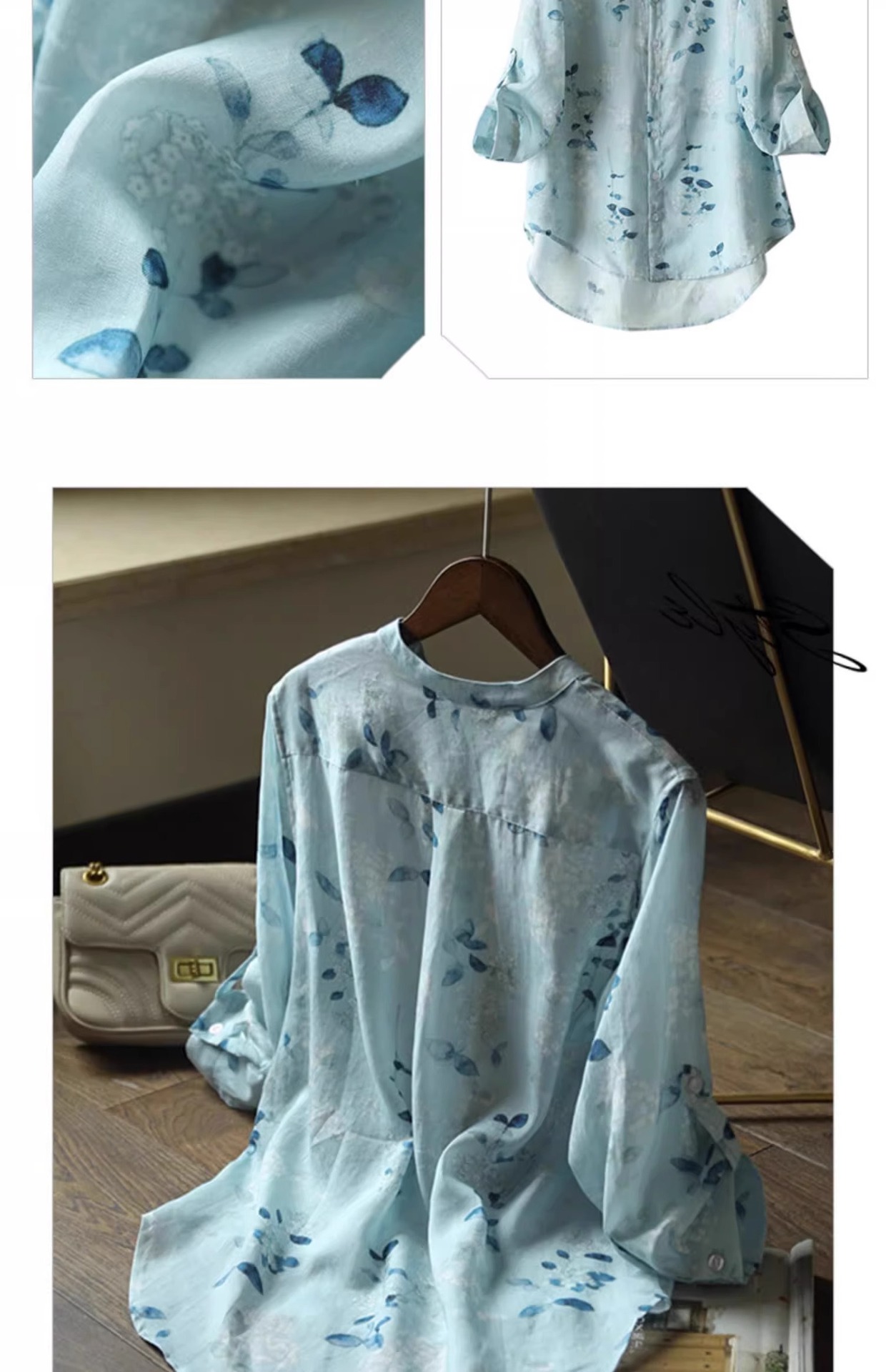 Áo sơ mi cotton in họa tiết tay lỡ nữ kiểu Chanel tôn dáng — Màu xanh da trời chi tiết 14