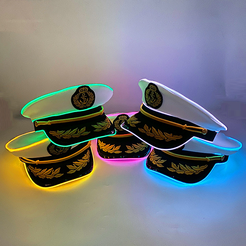 Sombrero de rendimiento de fiesta de vacaciones LED Sombrero luminoso de marinero marino Escenario de rendimiento bordado Capitán gran tapa luminosa LED