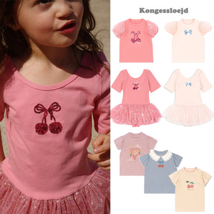 Spot 25 New Summer Girls' Clothing Cherry Lemon Sequin T-Shirt Short-Sleeved Jumpsuit Sequin Dance Clothing Mesh