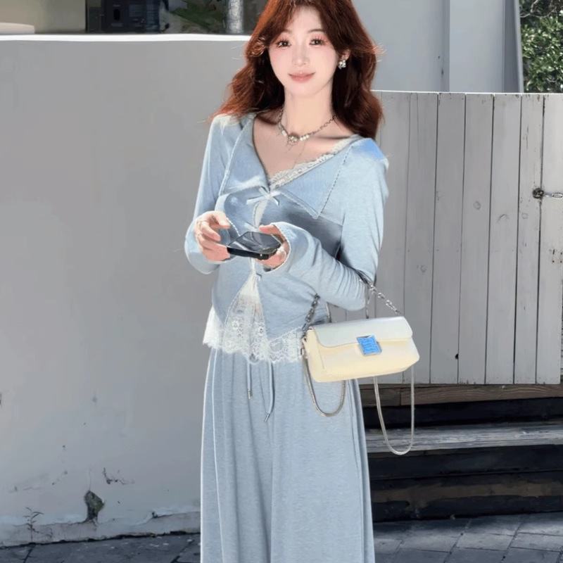Three-Piece Set of Cool New Fashion Exquisite Vest Korean Style Knitwear Women's Spring Salt Suit Slim Lace Trousers