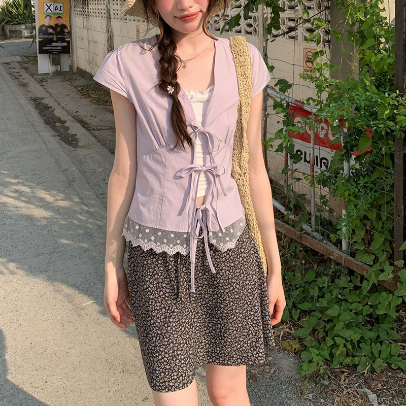 Designed V-Neck Polka Dot Embroidered Lace Romantic Blouse for Women, Super Pretty and Slightly Sheer, with an Atmospheric Vibe, Perfect for Summer