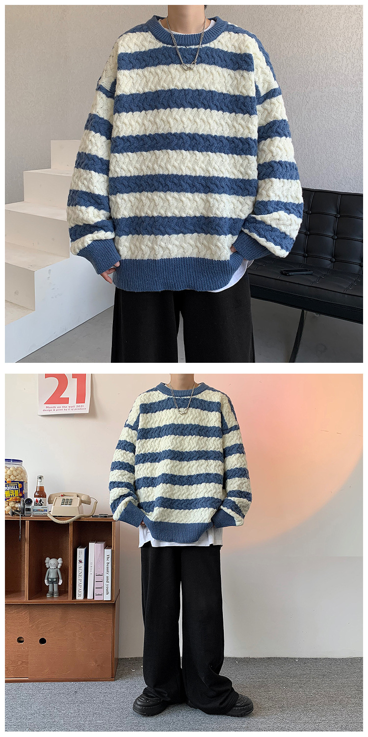 Men's Striped Sweater For Men Oversized Crew Neck Knit Jumper_voghion.com