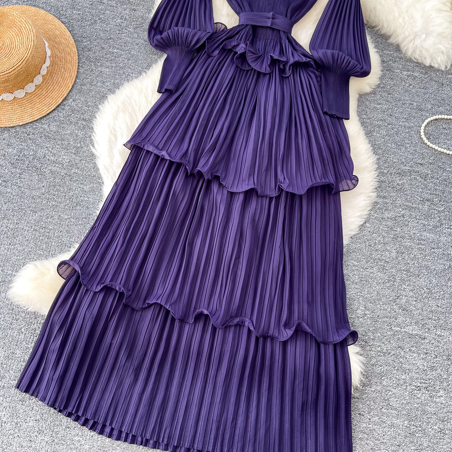 Korean Style Lantern Sleeve Dress, Women's Fitted Waist Tie Ruffle Pleated Cake Skirt, Slimming Long Skirt_ecoleips.com