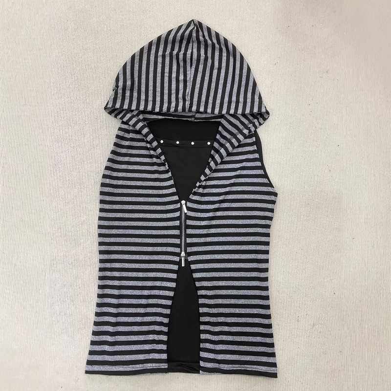 European and American Style Striped Hooded Sleeveless Vest with Zipper and Studs, Layered Gothic Y2K Spicy Girl Top Wholesale European and American Style Striped Hooded Sleeveless Vest with Zipper and Studs, Layered Gothic Y2K Spicy Girl Top Wholesale